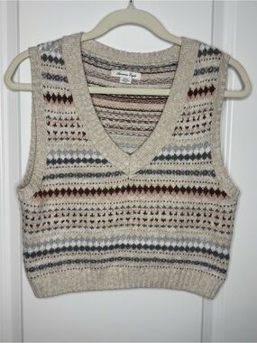 American Eagle Outfitters Cream Fair Isle V-Neck Sweater Vest